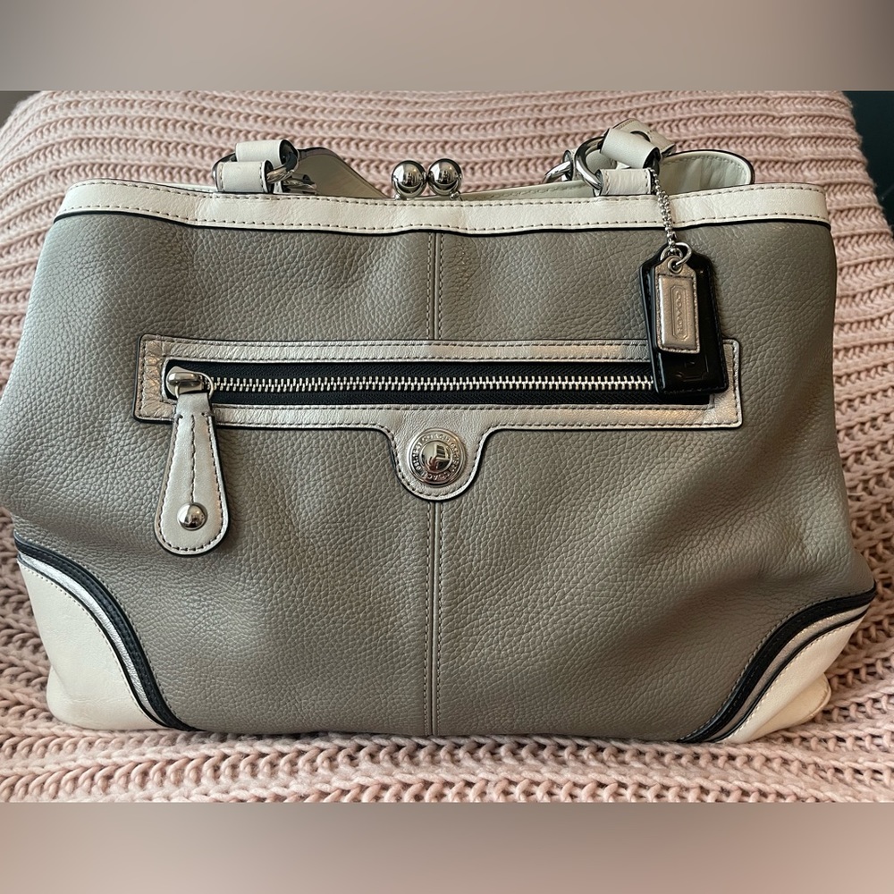 SOLD! COACH Laura Spectator Satchel. Pebble Grain Leather. Gray w White/Black.